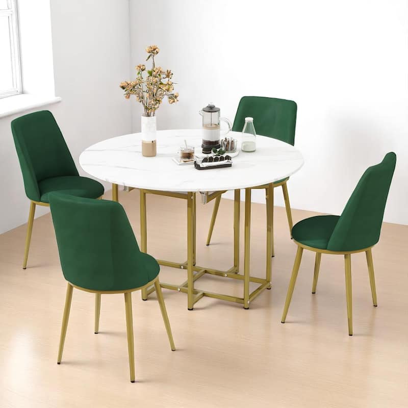 Modern Drop-Leaf 5-Piece Dining Set with Faux Marble Tabletop and Gold Metal Frame for Small Spaces - Green