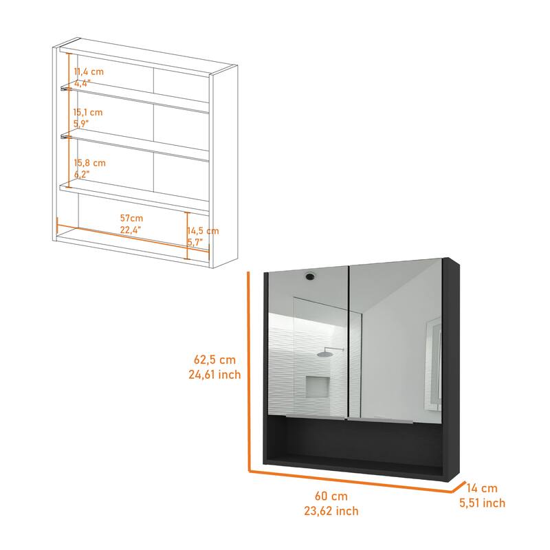 Medicine Cabinet with Mirror, Two Doors and Three Shelves, Light Gray Finish, Bathroom Storage Cabinet