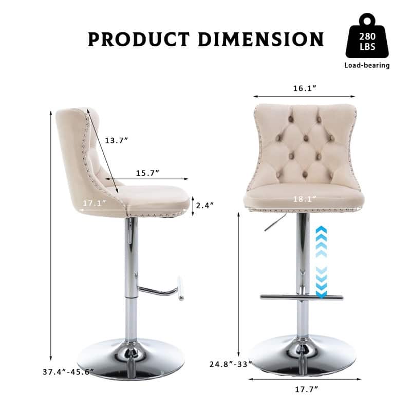 Velvet Upholstered Nailheads Tufted Swivel Bar Stools (Set of 2)