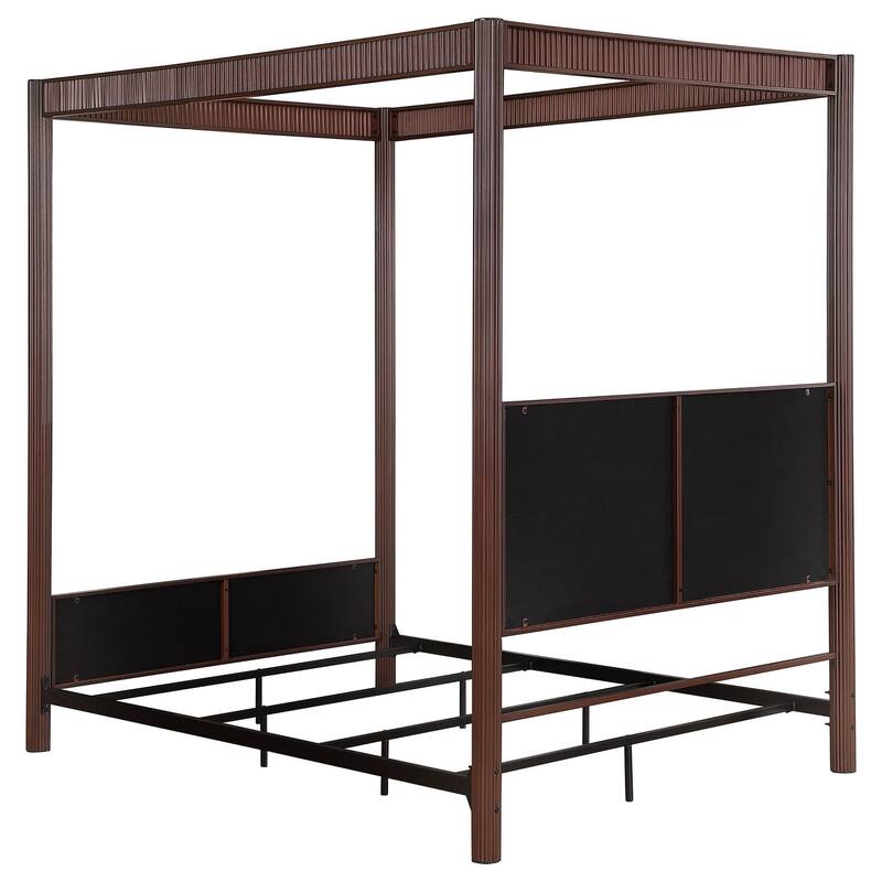 89-Inch Metal Queen Canopy Bed, Rust Brown Finish, Upholstered Panels, Modern Industrial and Elegant Design
