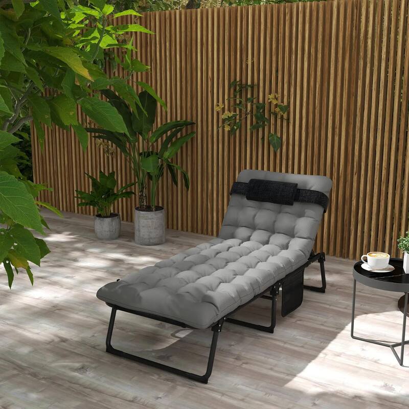 Folding Chaise Lounge Chair, 4 Position Recliner, Pocket, Pillow - Grey