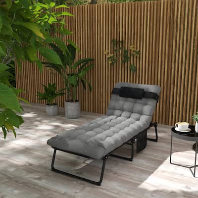 Folding Chaise Lounge Chair, 4 Position Recliner, Pocket, Pillow