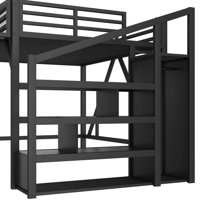Full Loft Bed with Storage Stairs, Shelves and Built-in Wardrobe, Metal Loft Bed Frame with USB Ports and LED Lights