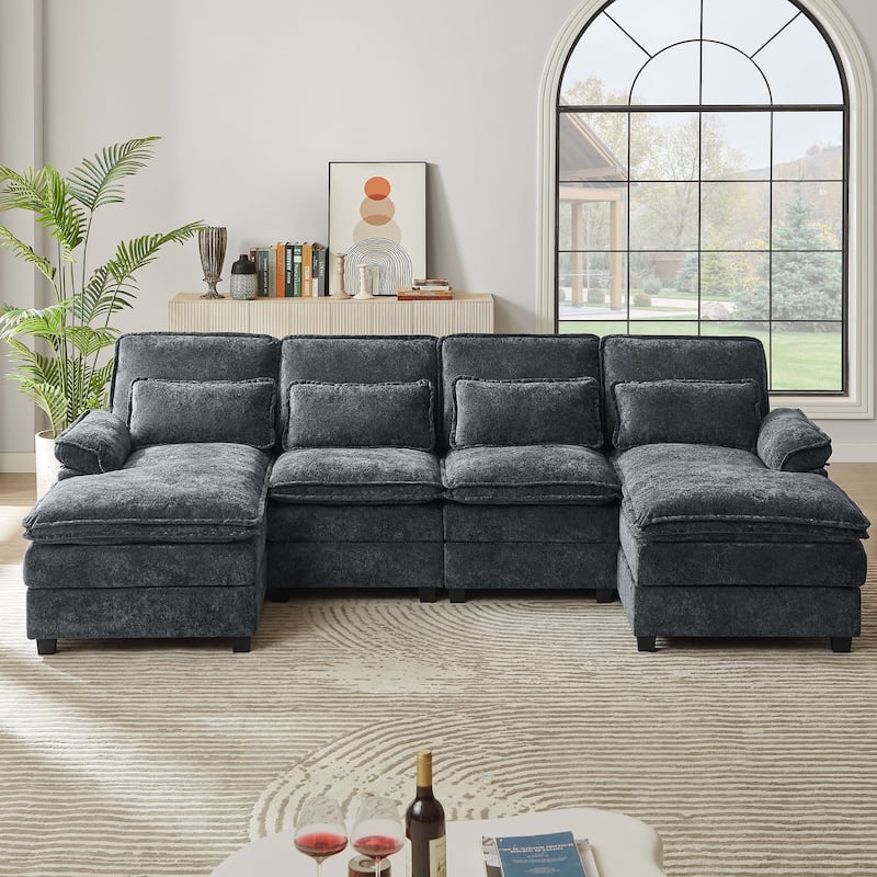 113 Inches Oversized Double Layer Cloud Design U Shaped Sofa with Double Chaise - Grey