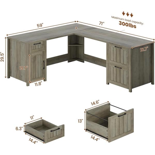 dimension image slide 25 of 30, Farmhouse Executive L Shaped Desk Home Office Desk with Drawers and Storage Cabinet & Power Outlet