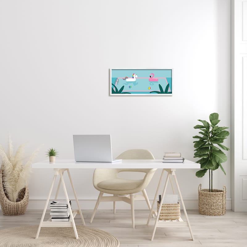 Stupell Unicorn Flamingo Tropical Pool Water Floats Framed Wall Art - Blue