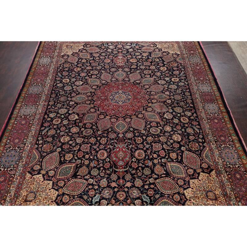 Hand Knotted Oriental 100% Wool Carpet Traditional Floral Navy Blue & Blues Mashad Area Rug - 15' 5'' X 11' 1''