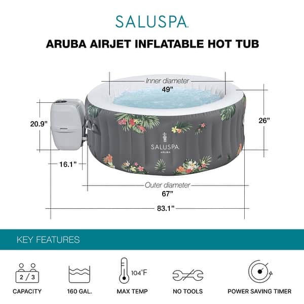Bestway SaluSpa Aruba AirJet Inflatable Hot Tub with 110 Soothing Jets, Gray - 66.93 x 66.93 x 25.98 inches