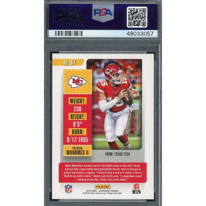 Patrick Mahomes 2018 Panini Contenders Football Card #51 Graded PSA 10 - 8'6" x 11'6"