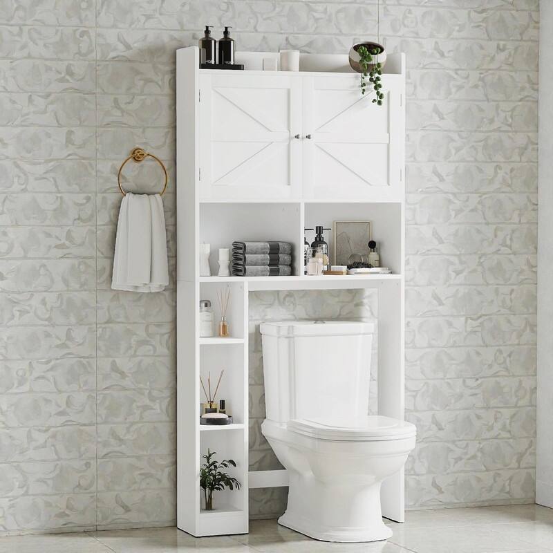 Over-the-Toilet Storage Cabinet, Freestanding Bathroom Space Saver with Adjustable Shelf, Double Doors and Open Shelves - White