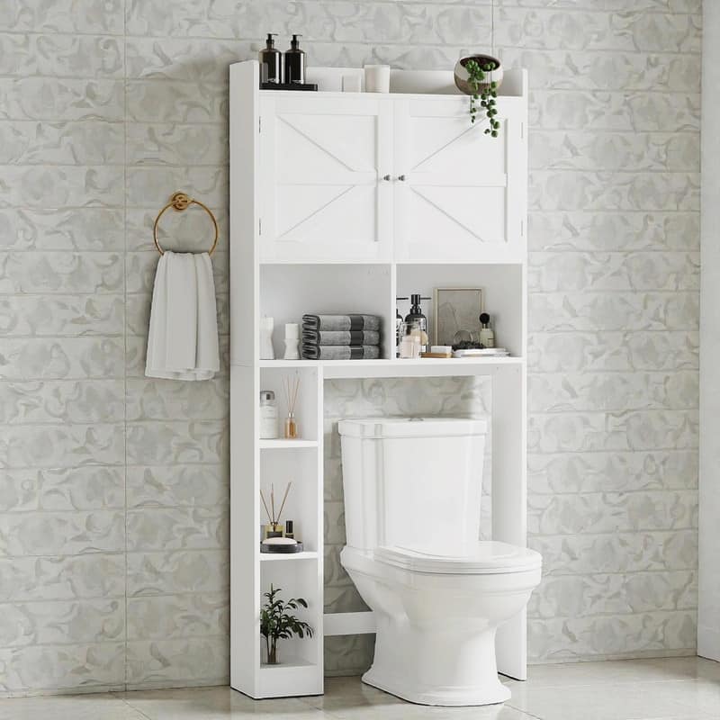 Over-the-Toilet Storage Cabinet, Freestanding Bathroom Space Saver with Adjustable Shelf, Double Doors and Open Shelves