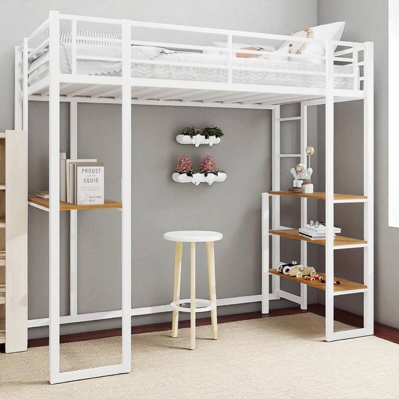 Metal Loft Bed with L-Shaped Desk, Guardrails & Dual Ladders, Sturdy Iron Frame for Kids & Teens