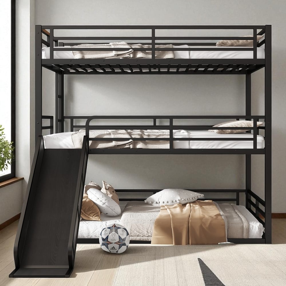 Metal Triple Bunk Bed with Slide, Twin XL/Full/Queen, Safety Guardrails, Quiet Slat Design, Heavy-Duty, Black