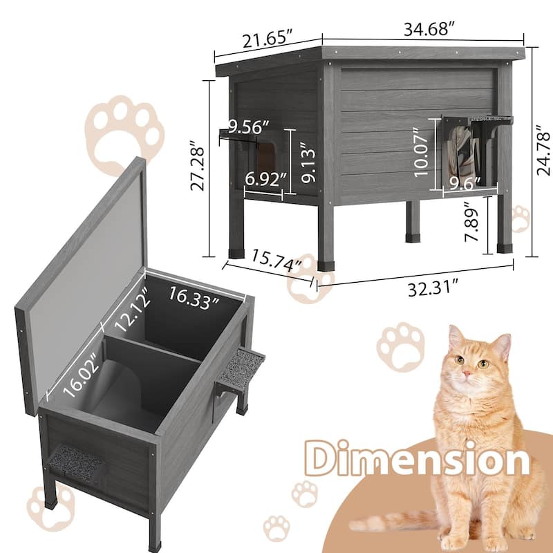 BOSSIN Outdoor Cat House Feral Cat-Shelter Cat Enclosure,100% Insulated All-Round Foam Weatherproof, Large Wooden Pet House