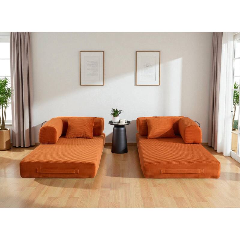 Convertible Corduroy Sleeper Sofa Bed, 4-in-1 Folding Mattress Couch with Cylindrical Pillow & Fixed-Shape Frame, No-Assembly