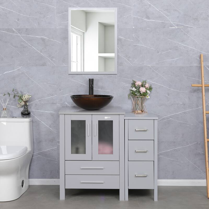 36" Bathroom Vanity Sink Gray Set with Side Cabinet Vessel Sink Mirror Faucet Combo - brown round sink