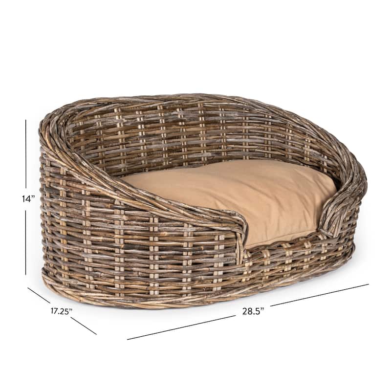 Classic 27.5" x 18" Mediterranean Handwoven Rattan Dog Daybed with Machine-Washable Cushion, Kubu Gray