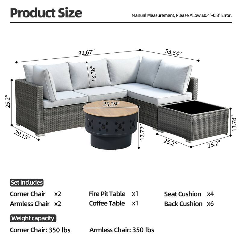 XIZZI 6-piece Outdoor Wicker Furniture Sectional Set with Wood Burning Firepit