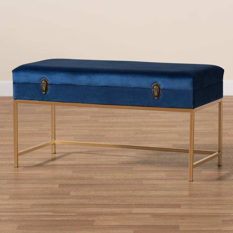 Aliana Glam and Luxe Velvet and Gold Metal Large Storage Ottoman