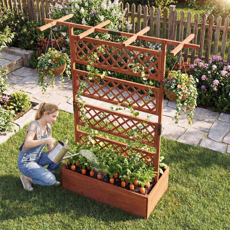 Gymax 72'' Wooden Planter Box w/Lattice Trellis Flat Roof Drainage for