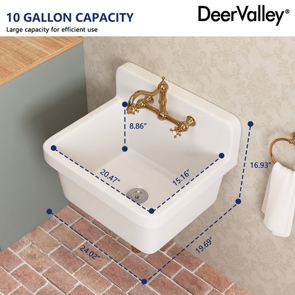 DEERVALLEY 10 Gallon Ceramic Wall Mount Laundry Utility Sink with Basket Strainer