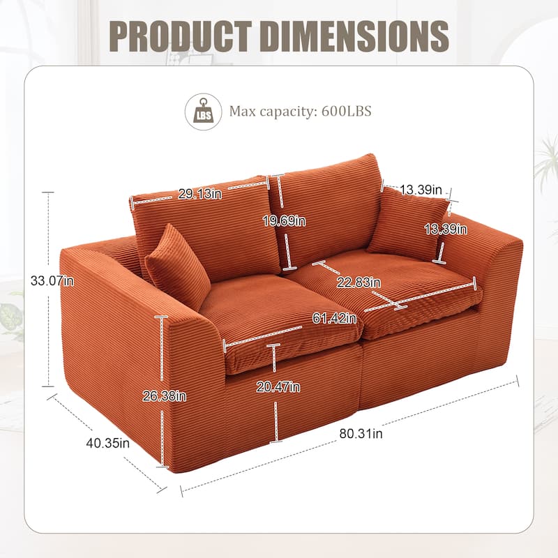 Modern 2-Seater Corduroy Cloud Sofa Modular 2-Piece Sectional Sofa with Removable Covers, for Living Room, Bedroom, Orange