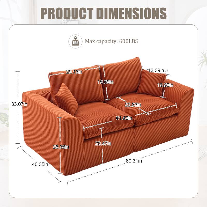 Modular Cloud Sectional Sofa, Comfy 2-Seater Corduroy Couch with Removable Covers