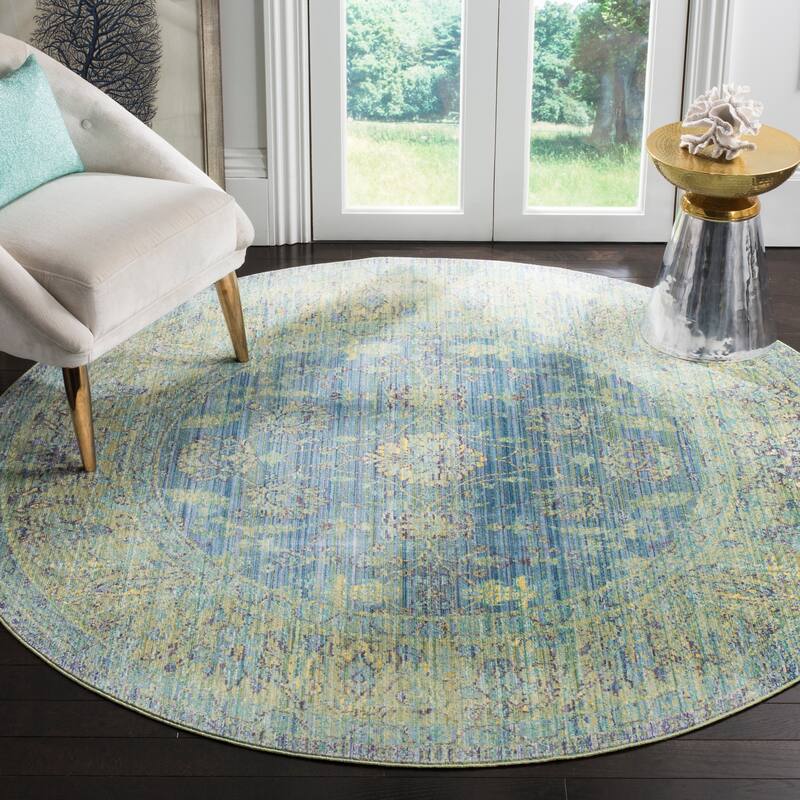 SAFAVIEH Valencia Neva Distressed Vintage Boho Oriental Polyester Rug - 6'7" Round - Blue/Multi