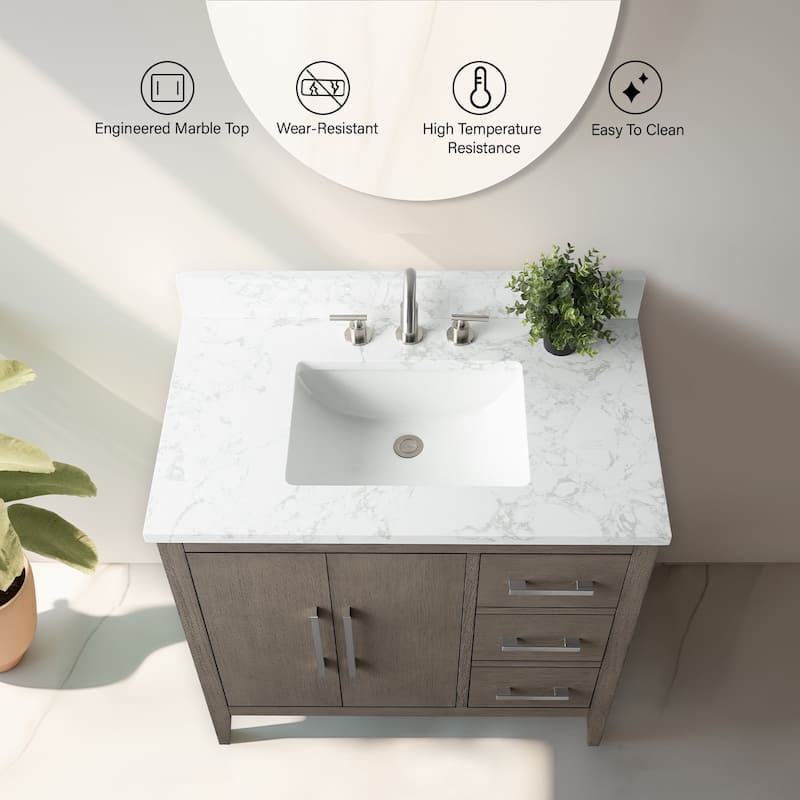 Vanity Art 36" Single Sink Bathroom Vanity Cabinet with Engineered Marble Countertop