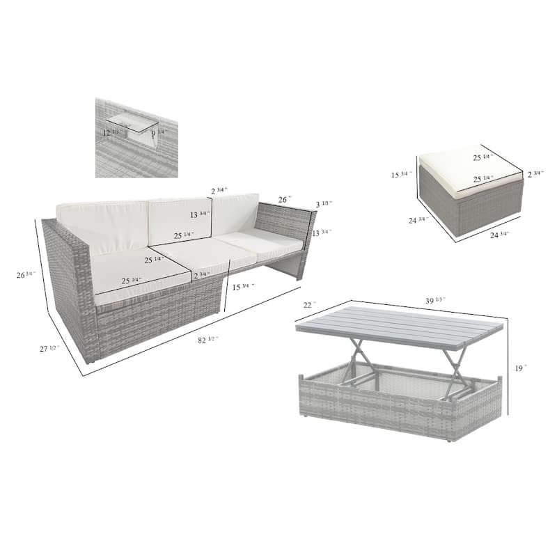 5 Pieces PE Wicker Outdoor Sectional Sofa Set with Lift-Top Coffee Table