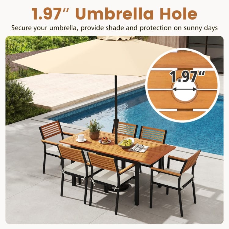 Natural Wood Rope 7 Piece Patio Dining Set with Extendable Table - Table Size: 51"-64" x 31.5" x 29" (L x W x H)