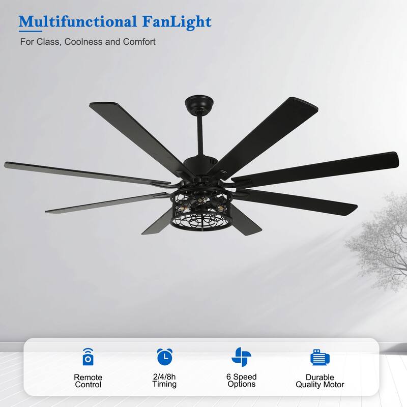 72" Antique Large Ceiling Fan with Light Kit, 8 Wood Blades Ceiling Fan, Quiet DC Motor 6 Speed w/ Remote for Living Room