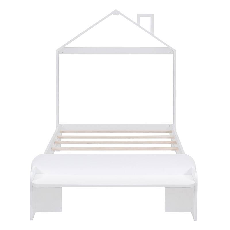 Full Size Wood Platform Bed with House-shaped Headboard and Footboard Bench
