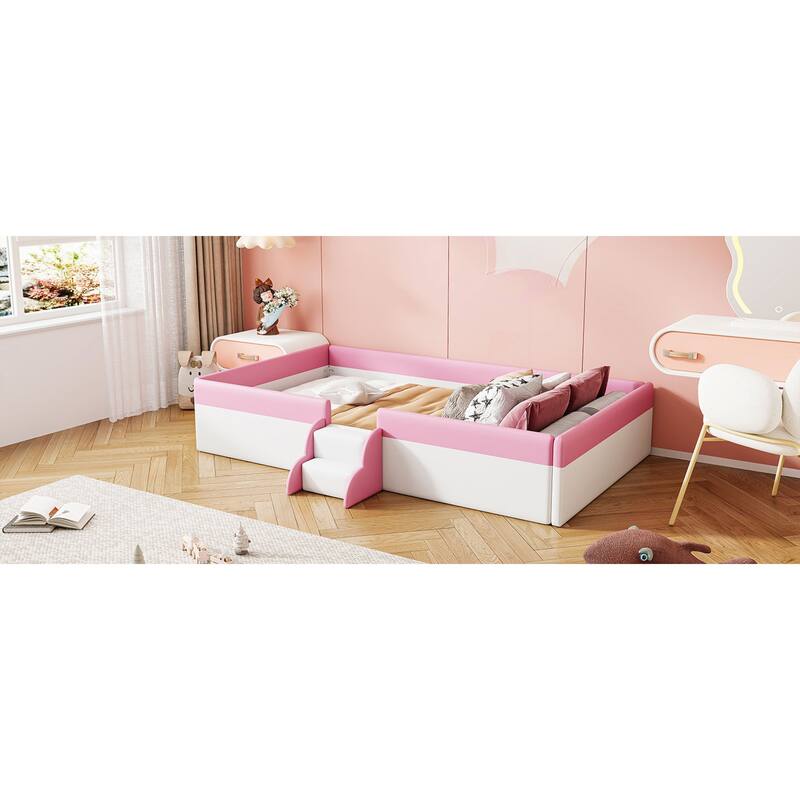 Roomfitters Twin/Full/Queen/King Size Upholstered Daybed Frame with Safety Fence and Stairs, PU Fabric Platform Bed with Slats