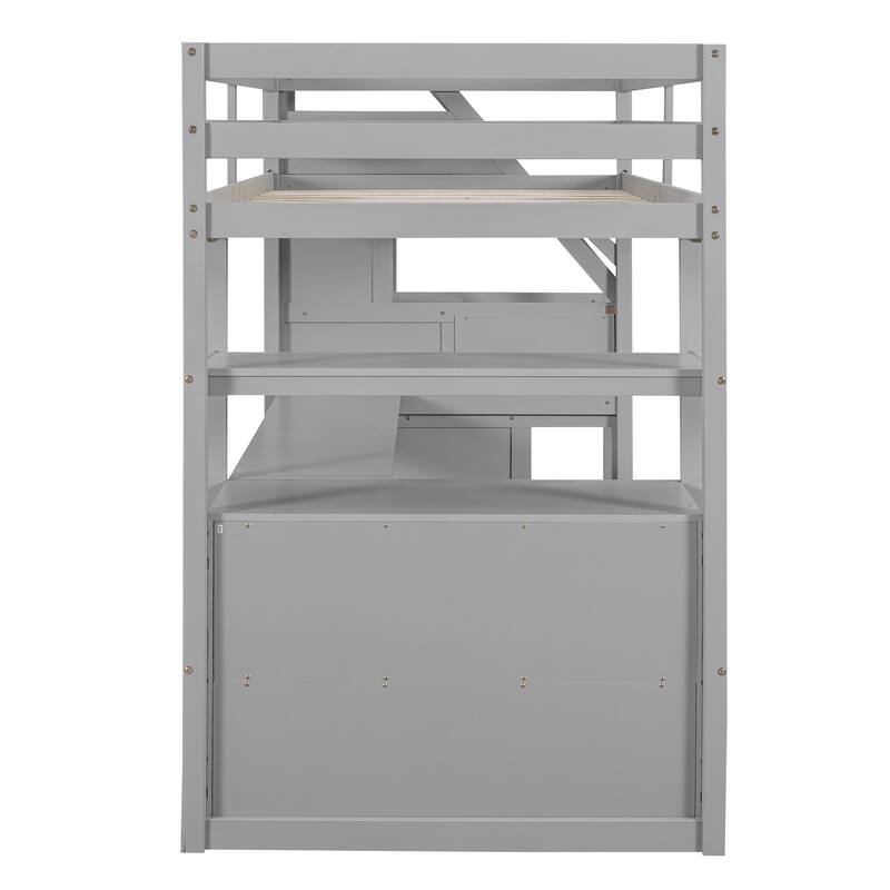 Twin Storage Loft Bed with All-in-One Desk and Shelves, Loft Bed Frame with 2 Built-in Drawers, Storage Staircase - Grey