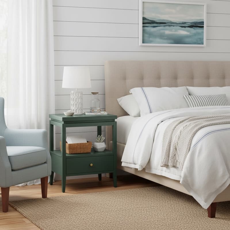 Modern Nightstand with Drawer and Floating Shelf Tapered Legs Design - Antique Green