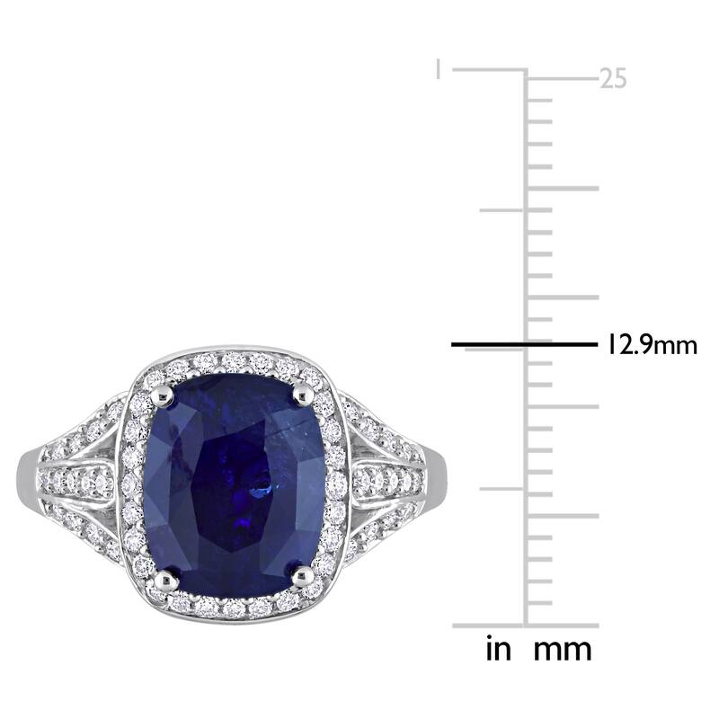 Miadora 5ct TGW Cushion Blue Sapphire and 5/8ct TDW Diamond Halo Cocktail Ring in 14k White Gold