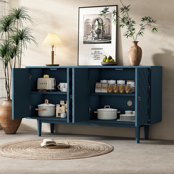 Modern 4 Door Sideboard with Convex Pattern Doors and 2 Silver Handle Storage Cabinet Blue