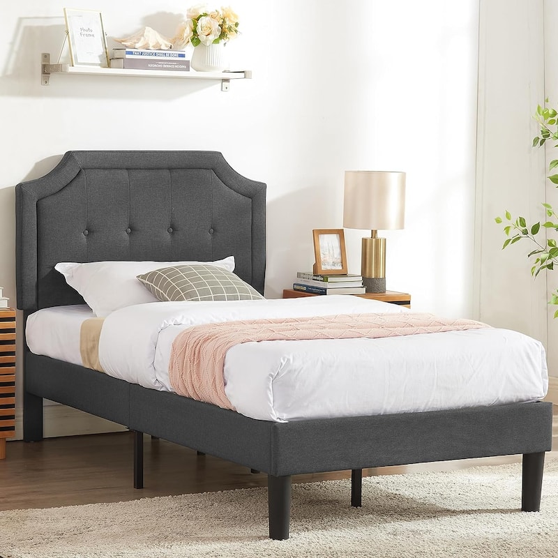VECELO Upholstered Platform Kids Bed with Adjustable Headboard,Twin Size Bed Set of 2