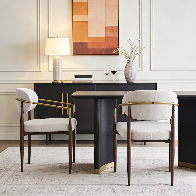 Christopher Knight Home - GlamCore Modern Upholstered Metal Base Dining Chairs with Gold Accents - Set of 2 - Beige+Gold,Walnut