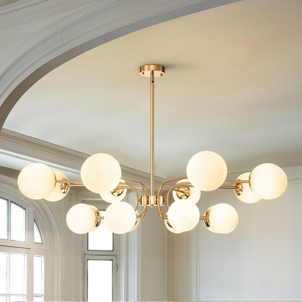 16 Light Mid Century Modern 2 Tier Large Round Sputnik Glass Globe Chandelier with Milky White Glass Globe Shade