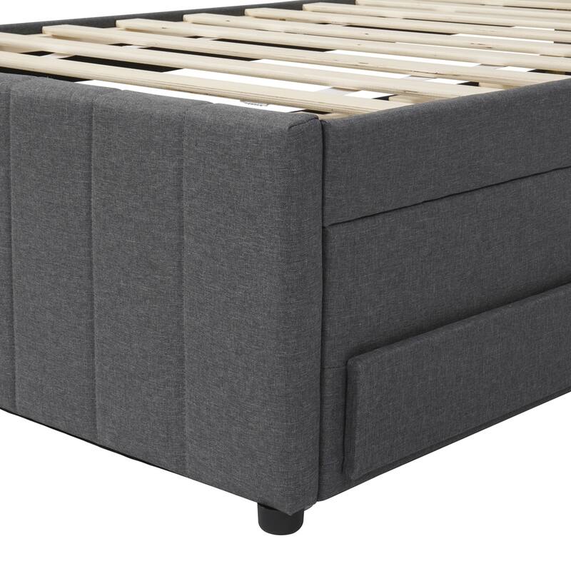 Linen Fabric Upholstered Platform Bed with Trundle and 3 Drawers