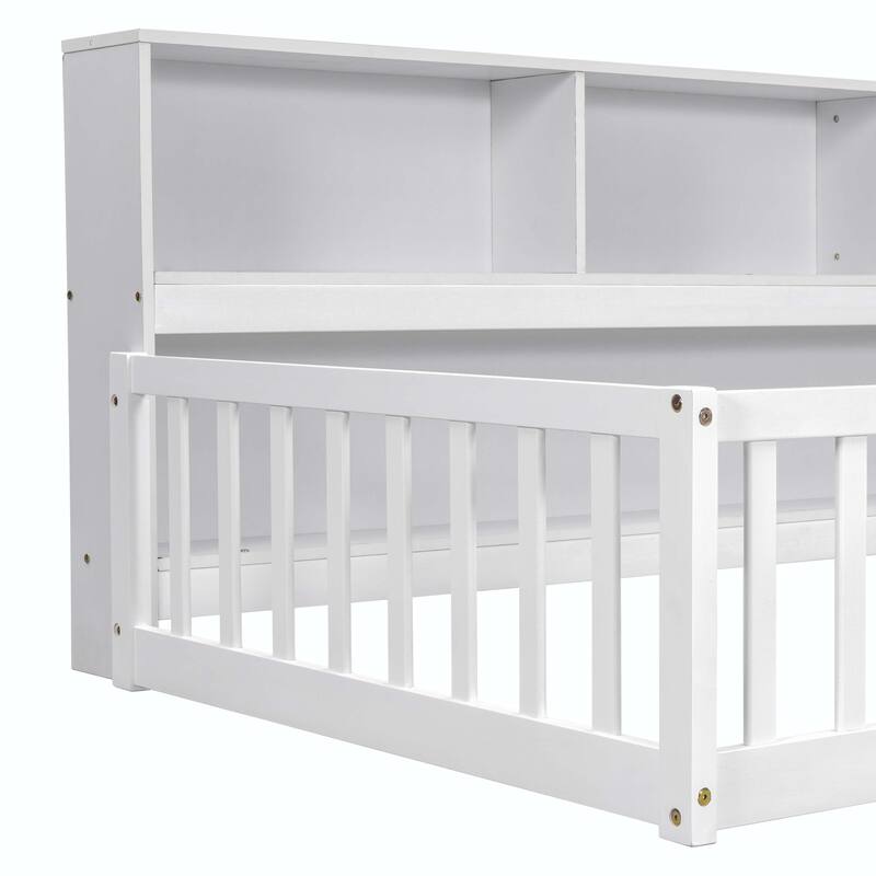 Twin Floor Bed with Bedside Bookcase and Guardrails