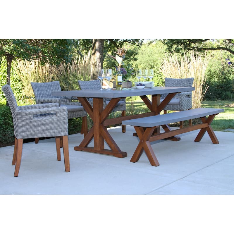 Nadine 6 pc. Eucalyptus and Composite Dining Set with Wicker Chairs - N/A