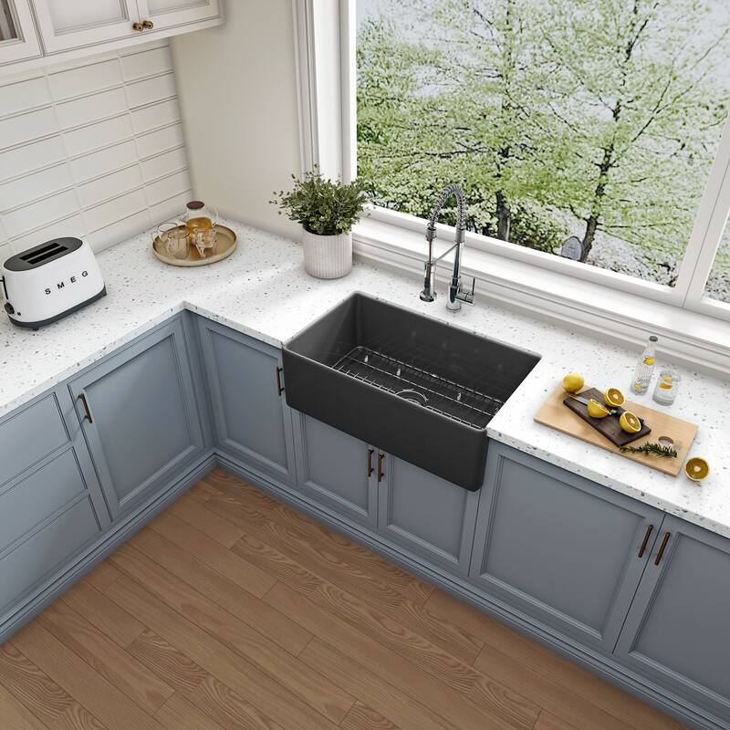 Sinber Farmhouse Apron Single Bowl Kitchen Sink with Fireclay White Finish