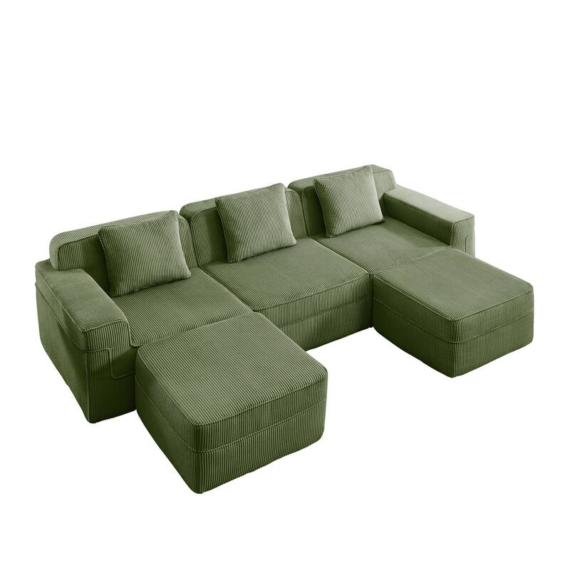 GDFStudio - Corduroy Modular 3-Seater 117.3" U-Shaped Boneless Cloud Sofa with 2 Ottomans