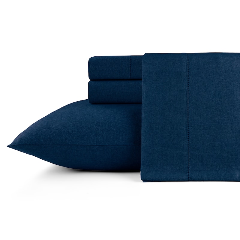 Pointehaven Solid Cotton 180 GSM Deep Pocket Oversized Brushed Flannel Sheet Set - Heather Denim - Queen
