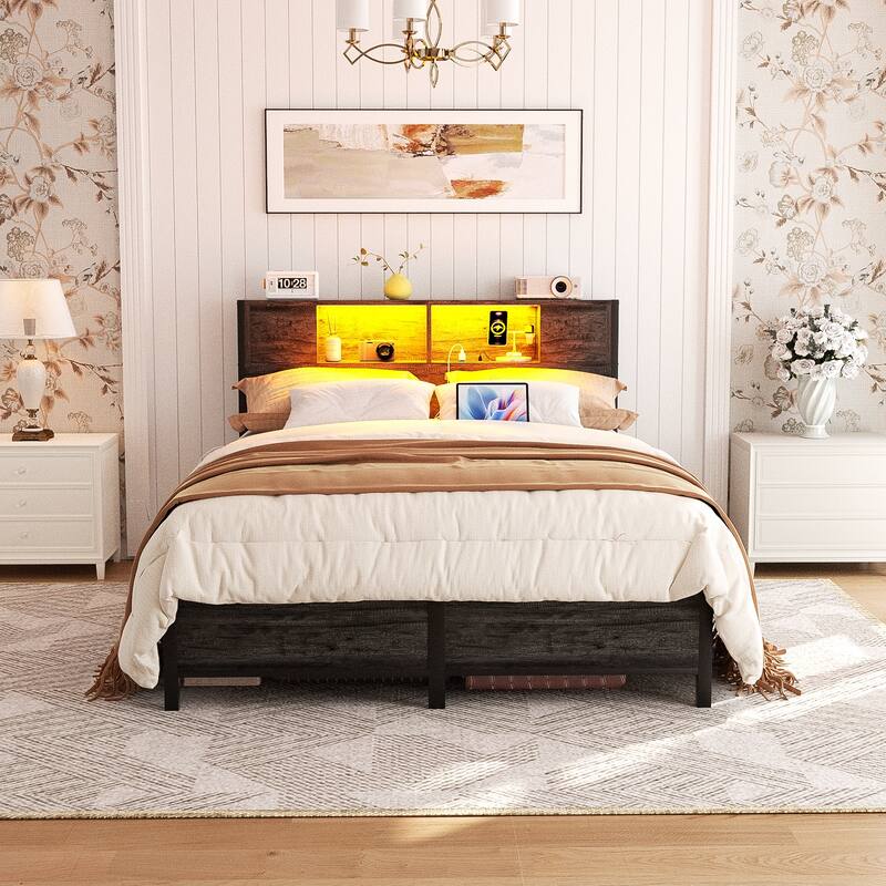 Storage Headboard Platform Bed Frame with Charge Station and LED Light - Grey Oak - Full