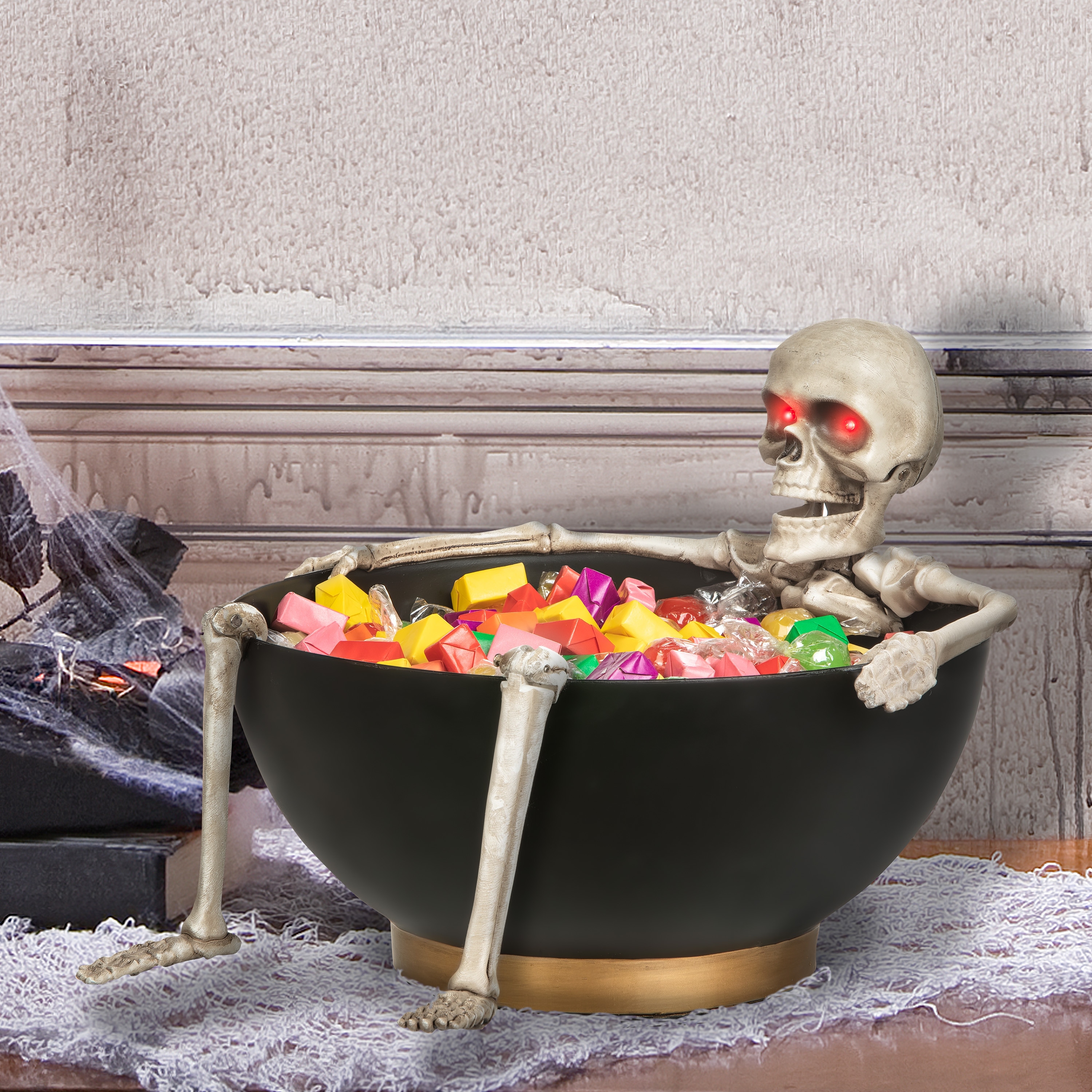 Gemmy Red 7.5 in. LED Candy Bowl Grabbing Skeleton Halloween Decor