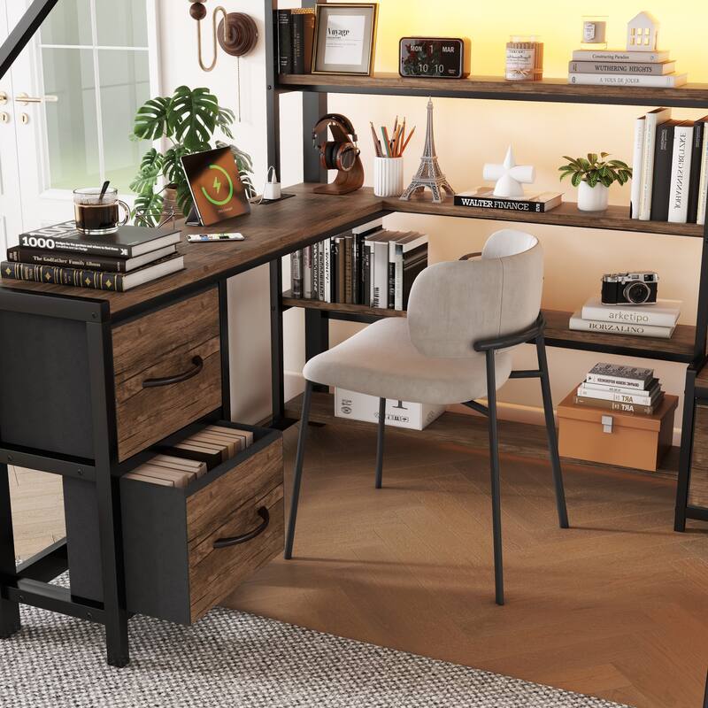 Roomfitters Full/Queen Loft Platform Bed, LED Charging Desk and Wardrobe Shelves with Metal Frame for Bedroom or Guest Room